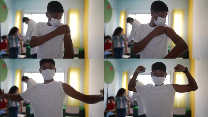 一名男孩在接种疫苗后展示手臂的肖像