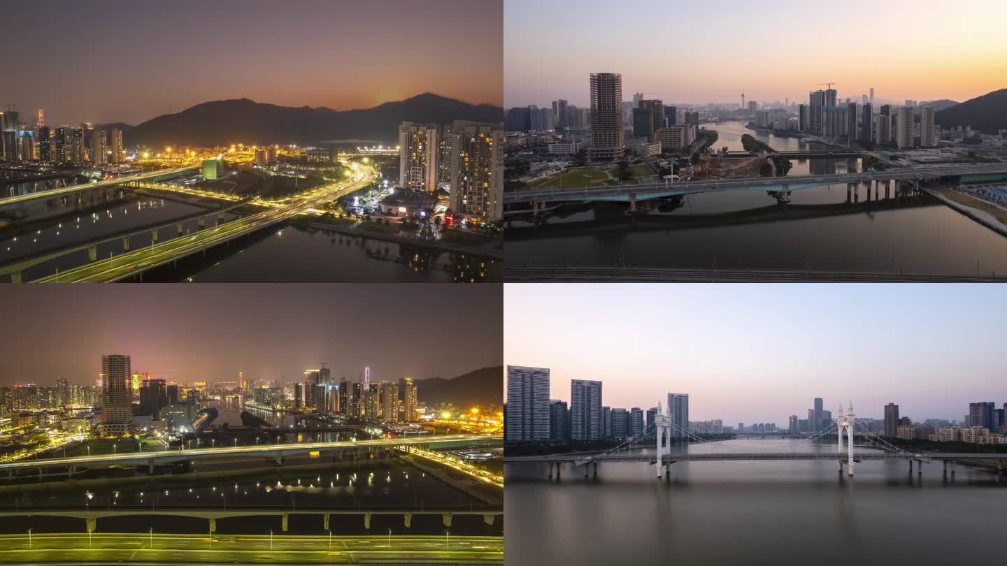 珠海城市夜景日夜变换城市灯光