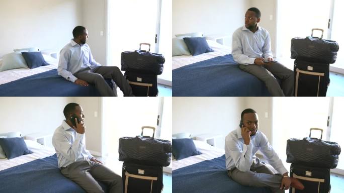 黑人男子带着行李进入酒店卧室，坐在床上用智能手机交谈。