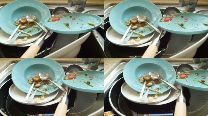 厨房里的脏盘子洗碗视频通用素材空镜头