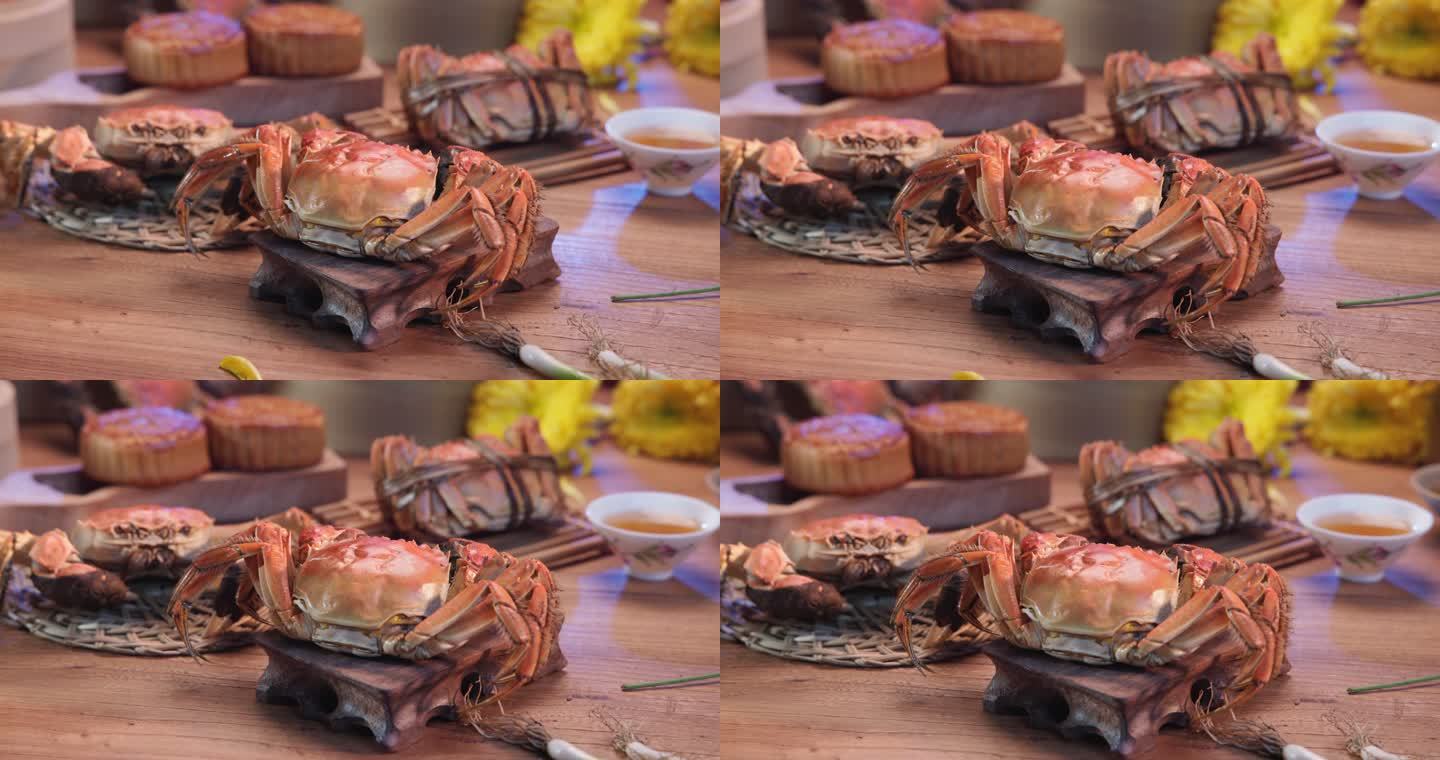 螃蟹蒸笼里的中秋节美食大闸蟹月饼