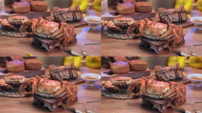 螃蟹蒸笼里的中秋节美食大闸蟹月饼