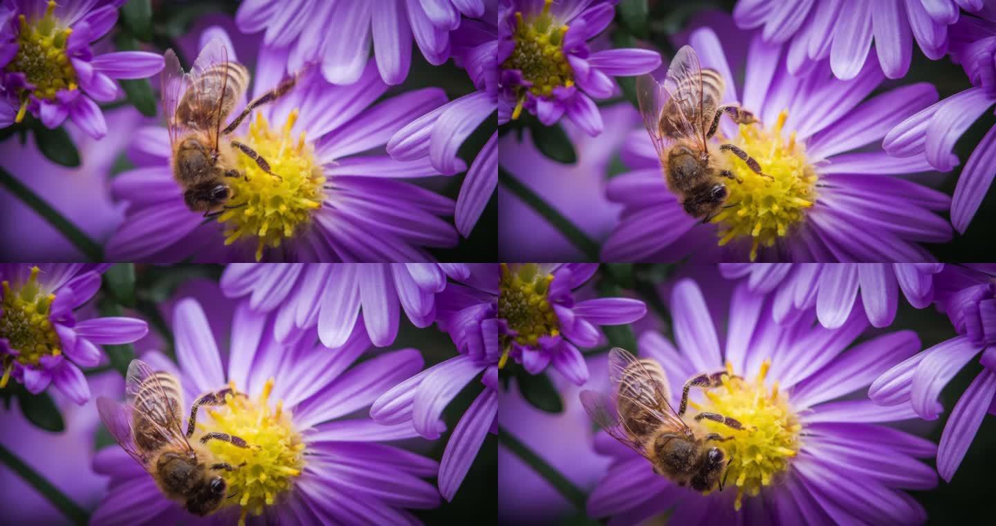 蜜蜂从紫菀花中采集花粉