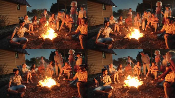朋友和家人在篝火旁度过时光。