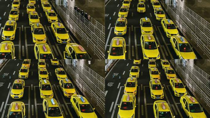 T/L PAN繁忙的黄色出租车在机场出口排队
