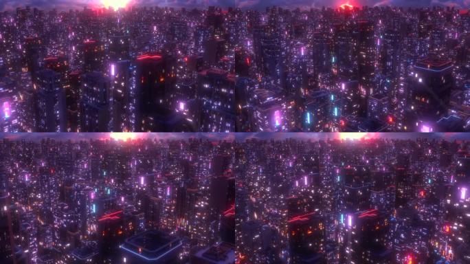 赛博朋克霓虹灯夜景城市穿梭科幻场景大屏