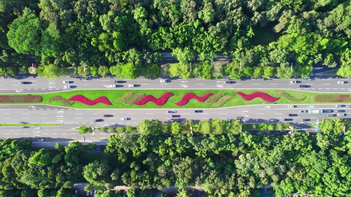 航拍俯拍深圳深南大道香蜜湖段道路