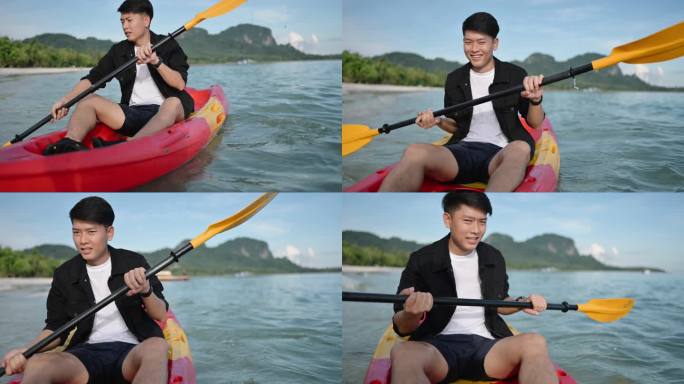 亚洲男子在泰国克拉比享受划独木舟旅行