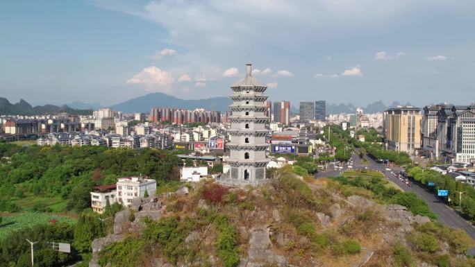 广西桂林桂林塔蓝天白云城市风光航拍