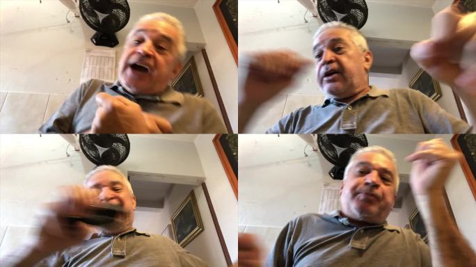 一位老年人拍摄自己跳舞和唱歌的个人视角