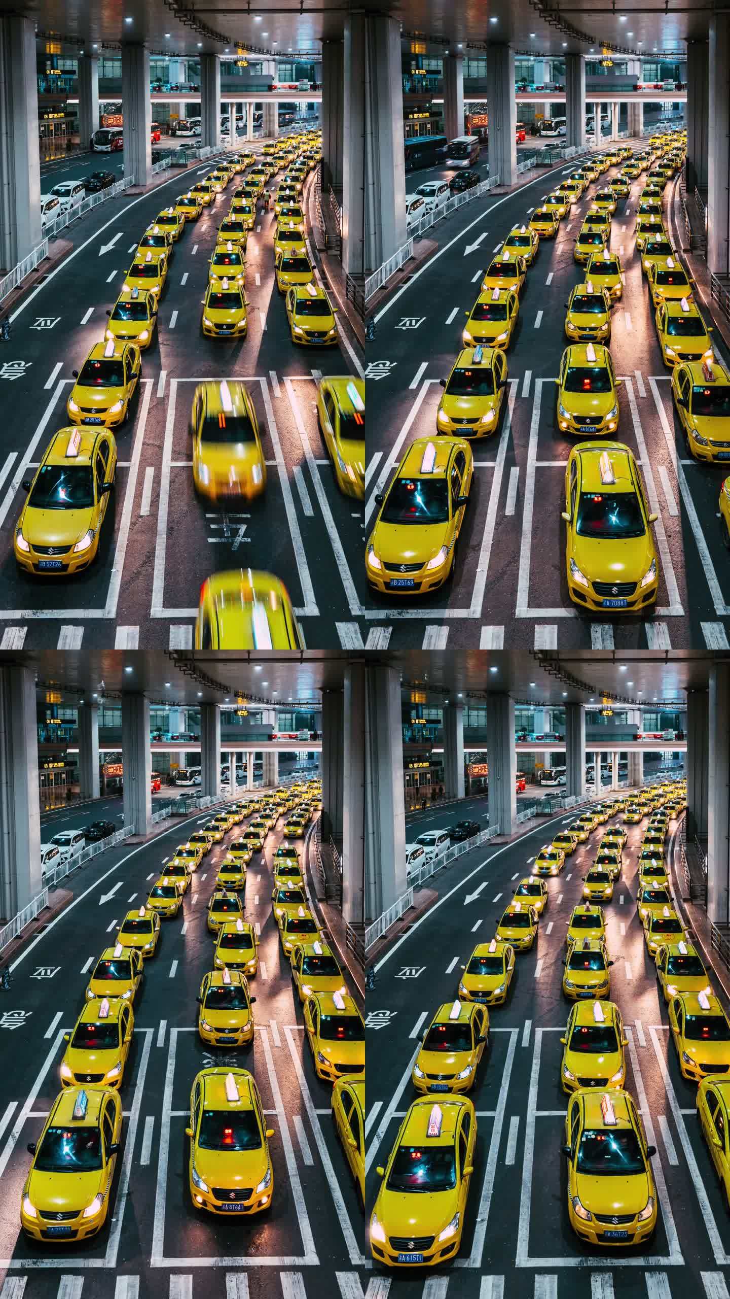 夜间机场出口繁忙的黄色出租车排队
