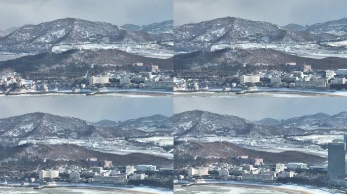 长焦航拍雪后的威海玛伽山与远遥墩山野