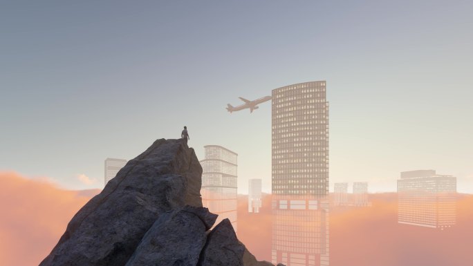 城市高楼云海飞机