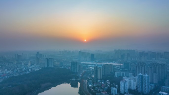 九江日出冬日城景航拍延时