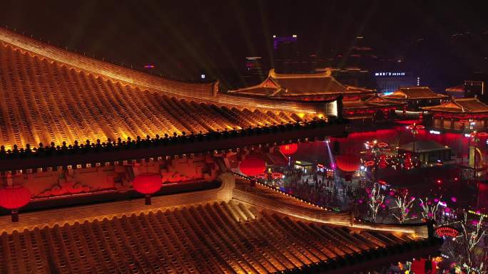 4k航拍西安大唐不夜城表演人流网红打卡