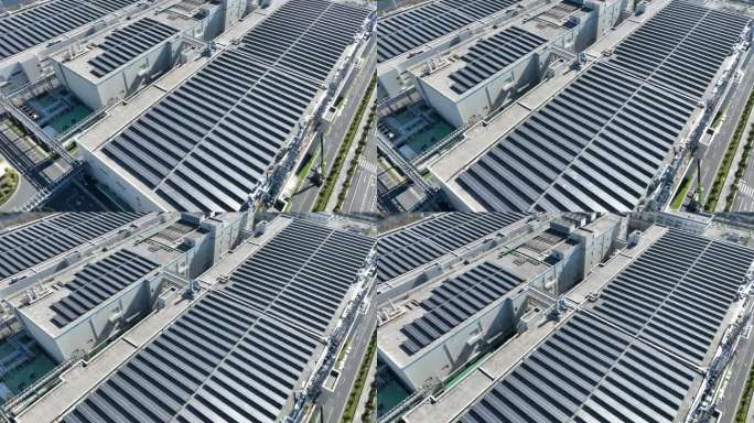 航拍现代工厂屋顶太阳能发电站