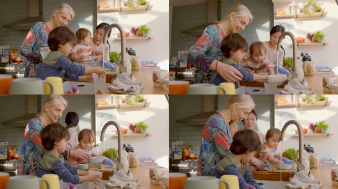 和奶奶一起洗碗孩子亲情幸福家庭笑脸