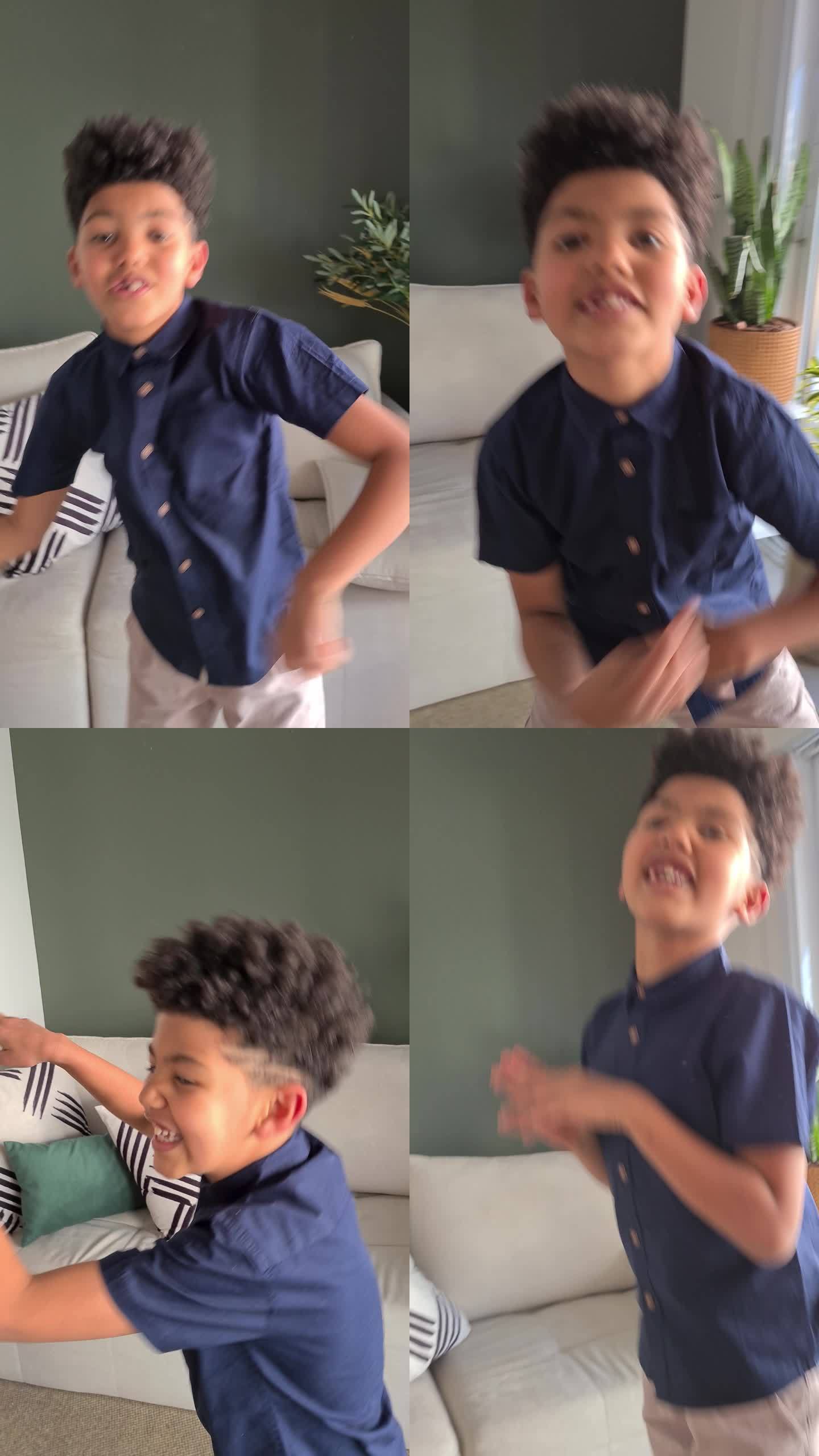 男孩跳舞并在家里分享-移动摄像头视角