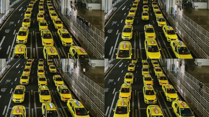 T/L繁忙的黄色出租车在机场出口排队