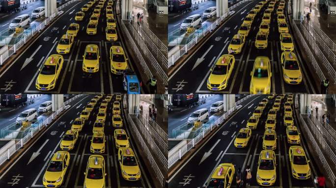 T/L PAN繁忙的黄色出租车在机场出口排队