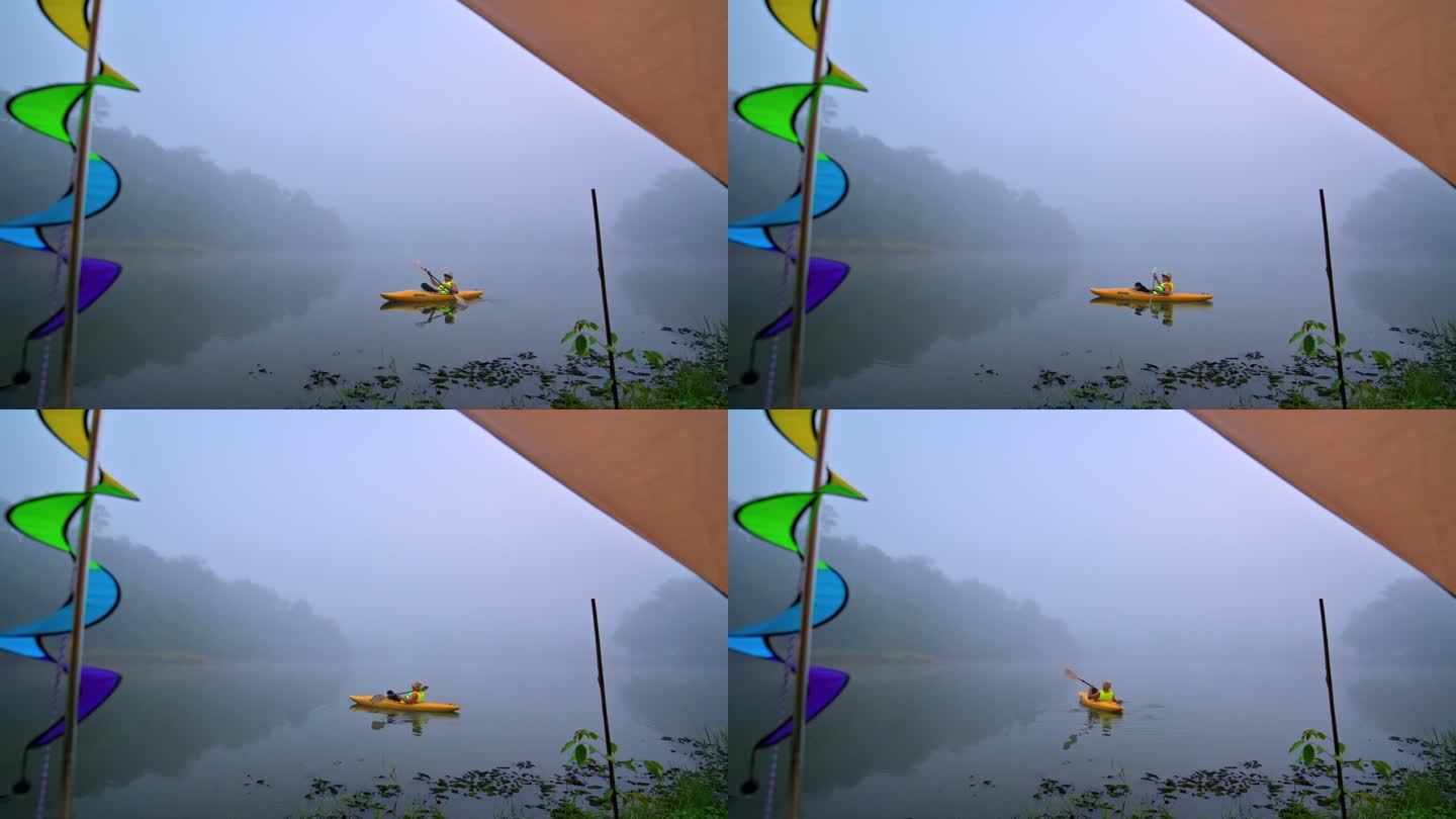 像河雾划船视频划皮划艇通用素材空镜头