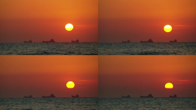 海边 日落 船只 夕阳