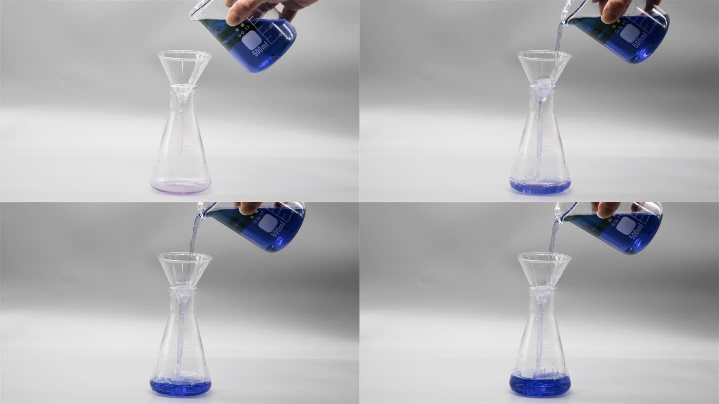 用烧杯往锥形瓶里倒蓝色溶液