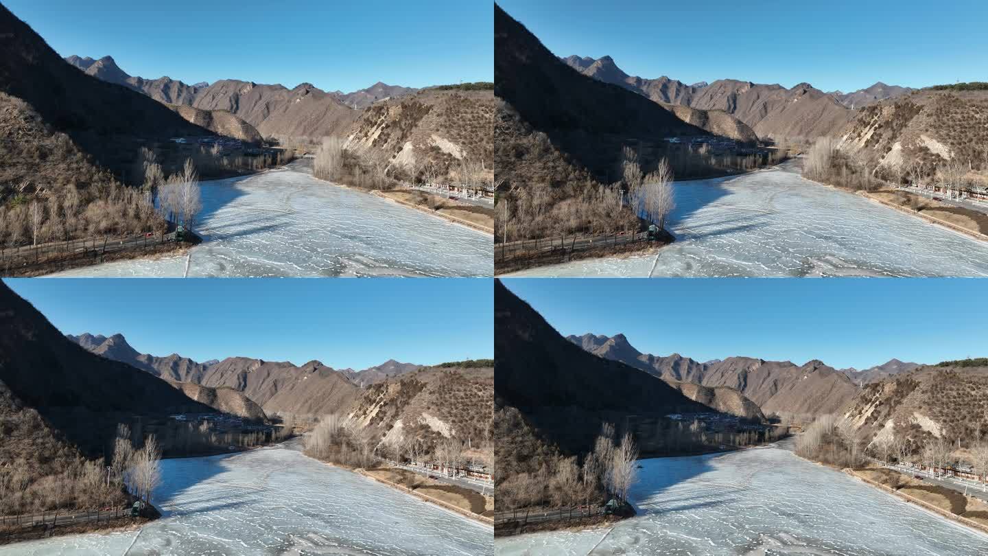 冬季航拍北京延庆郊区结冰湖面景色