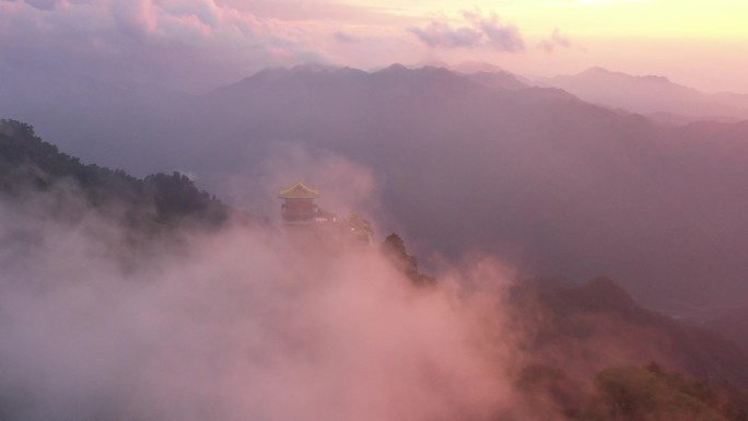 航拍陕西西安秦岭南五台景区日出云海仙境