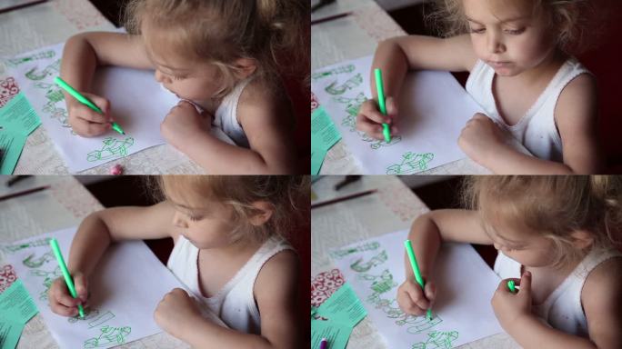 一个小女孩用毡尖笔画画的高角度视图