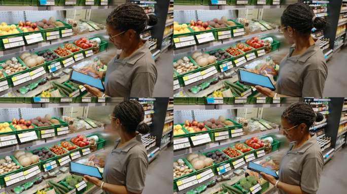 女员工在超市清点蔬菜