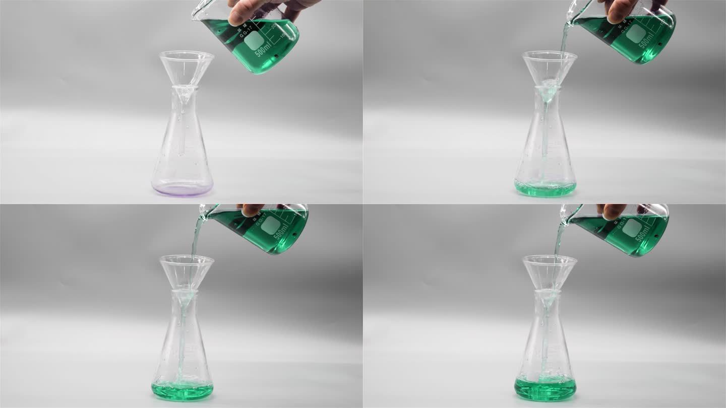 用烧杯往锥形瓶里倒墨绿色溶液