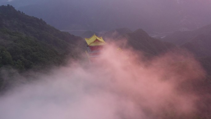 航拍陕西西安秦岭南五台景区日出云海仙境