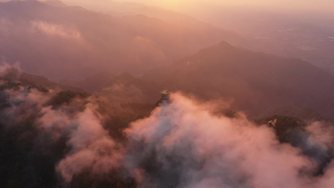 航拍陕西西安秦岭南五台景区日出云海仙境