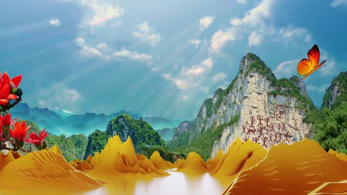 广西少数民族花山壁画金色山脉穿梭意境大屏