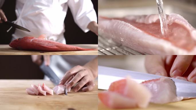 4K日式料理 厨师切三文鱼