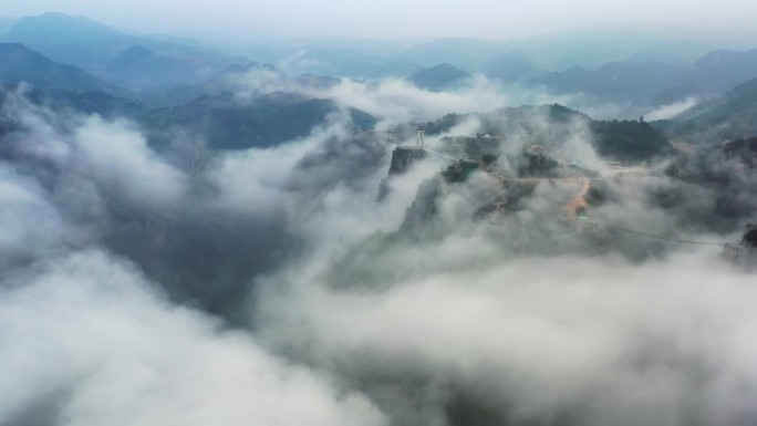 航拍冬季天台县琼台仙谷云雾云海美景