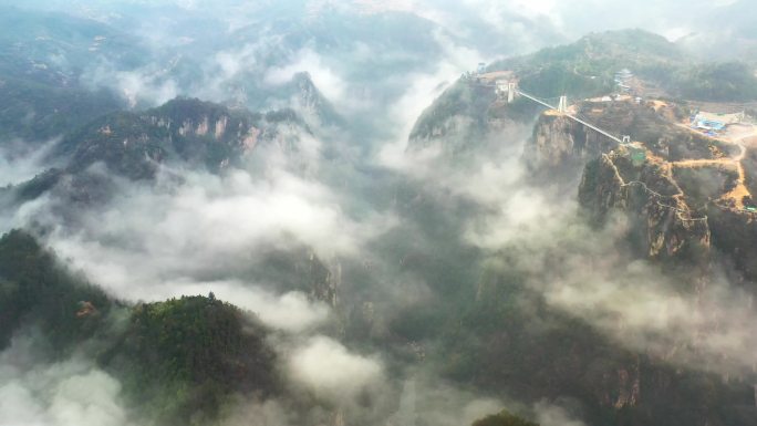 航拍冬季天台县琼台仙谷云雾云海美景