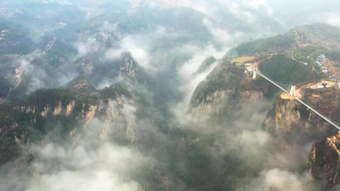 航拍冬季天台县琼台仙谷云雾云海美景