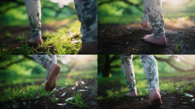 一名女子在大自然的草地和土壤上行走时赤足的特写视频