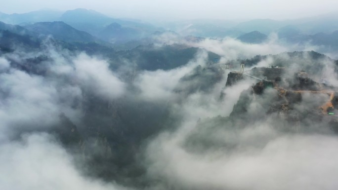 航拍冬季天台县琼台仙谷云雾云海美景