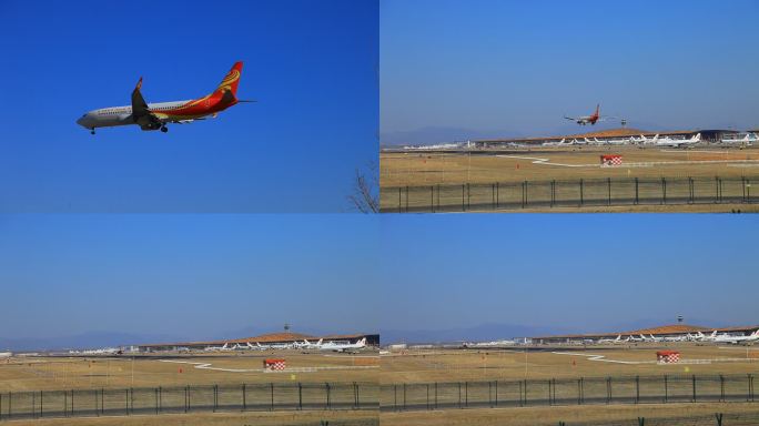 一架飞机从远处飞来又降落在机场内跑道上6