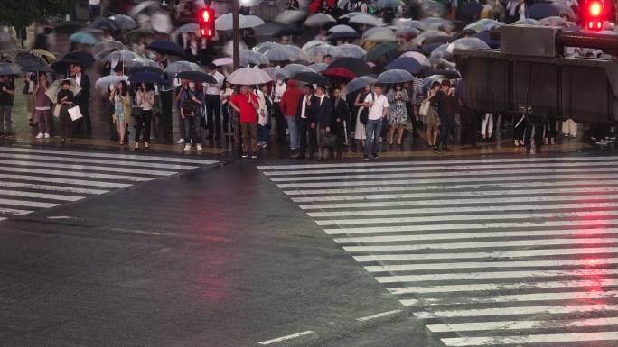 雨天东京涩谷十字路口夜景