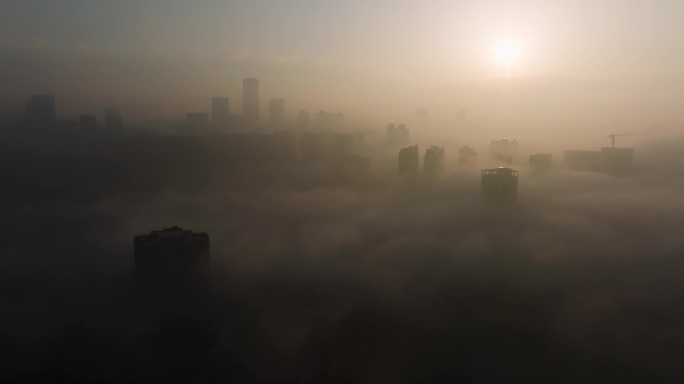 成都早晨平流雾日出城市景观