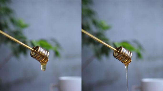 垂直视频-自制蛋糕加蜂蜜。蜂蜜和浆果装饰的华夫饼