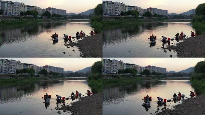 4K原素材-航拍福建汀江，河边洗衣服