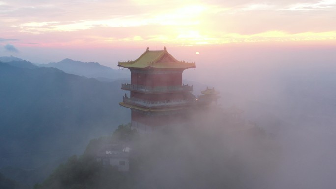 航拍陕西西安秦岭南五台景区日出云海仙境