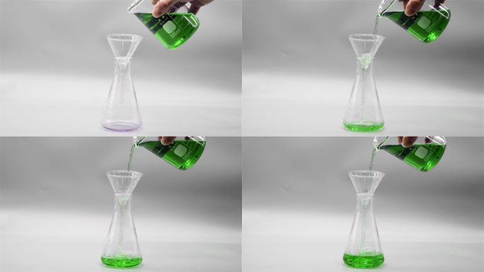 用烧杯往锥形瓶里倒绿色溶液
