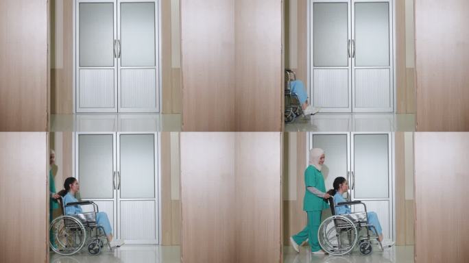 穆斯林护士推着轮椅上的女患者