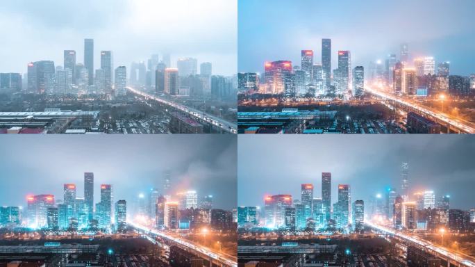 北京城市下雪夜景
